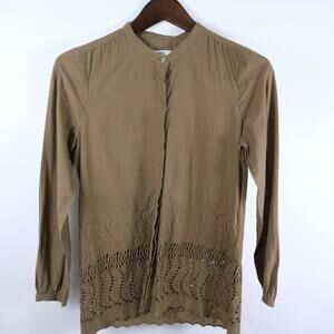 J Crew Womens Cotton Button Up Army Green Collar-less Blouse Shirt Shirt 0